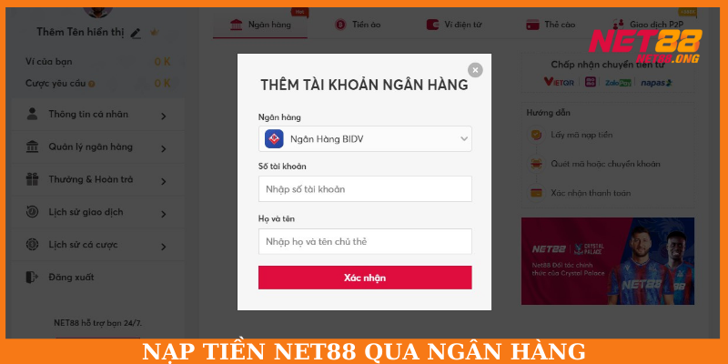 Nạp tiền NET88 qua ngân hàng nội địa an toàn, thuận tiện